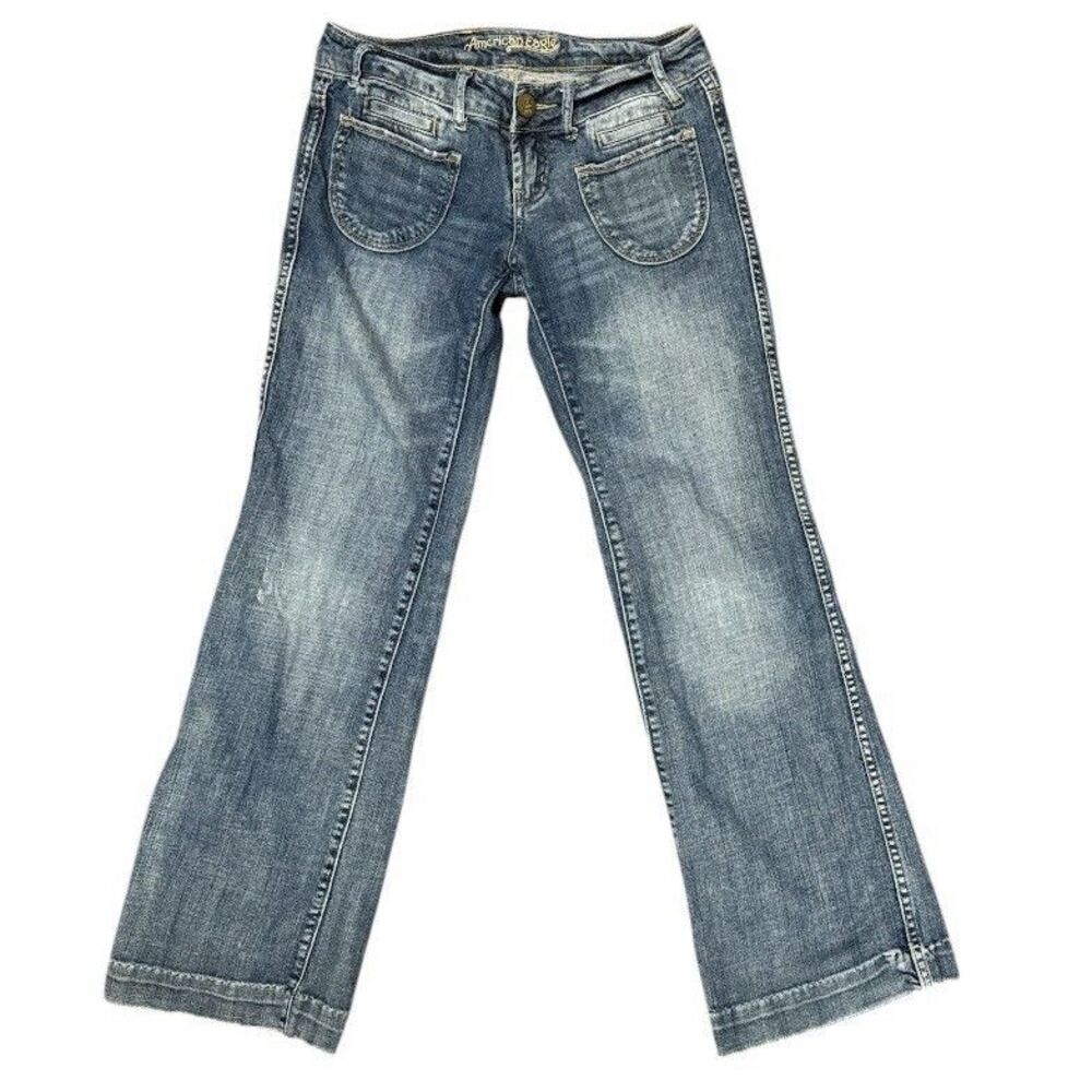 American Eagle Low Rise Flare Jeans Y2K Womens Size 4 Hipster Distressed Denim